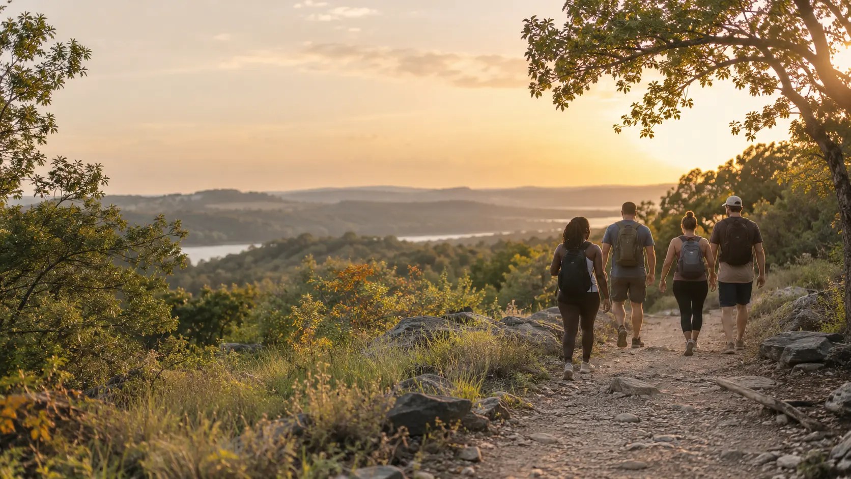 A small group of adults hiking together on a wooded trail at sunset