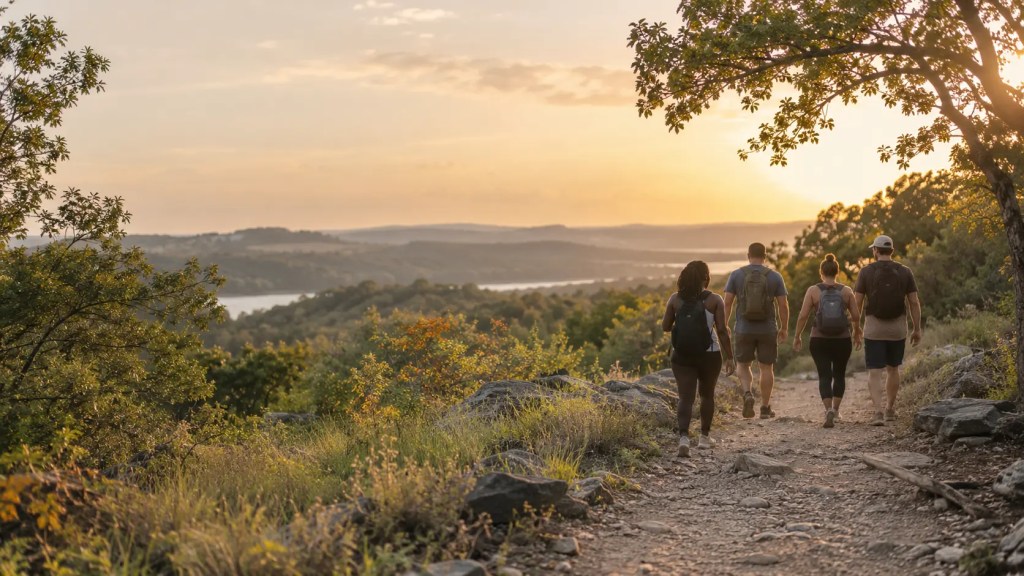 A small group of adults hiking together on a wooded trail at sunset