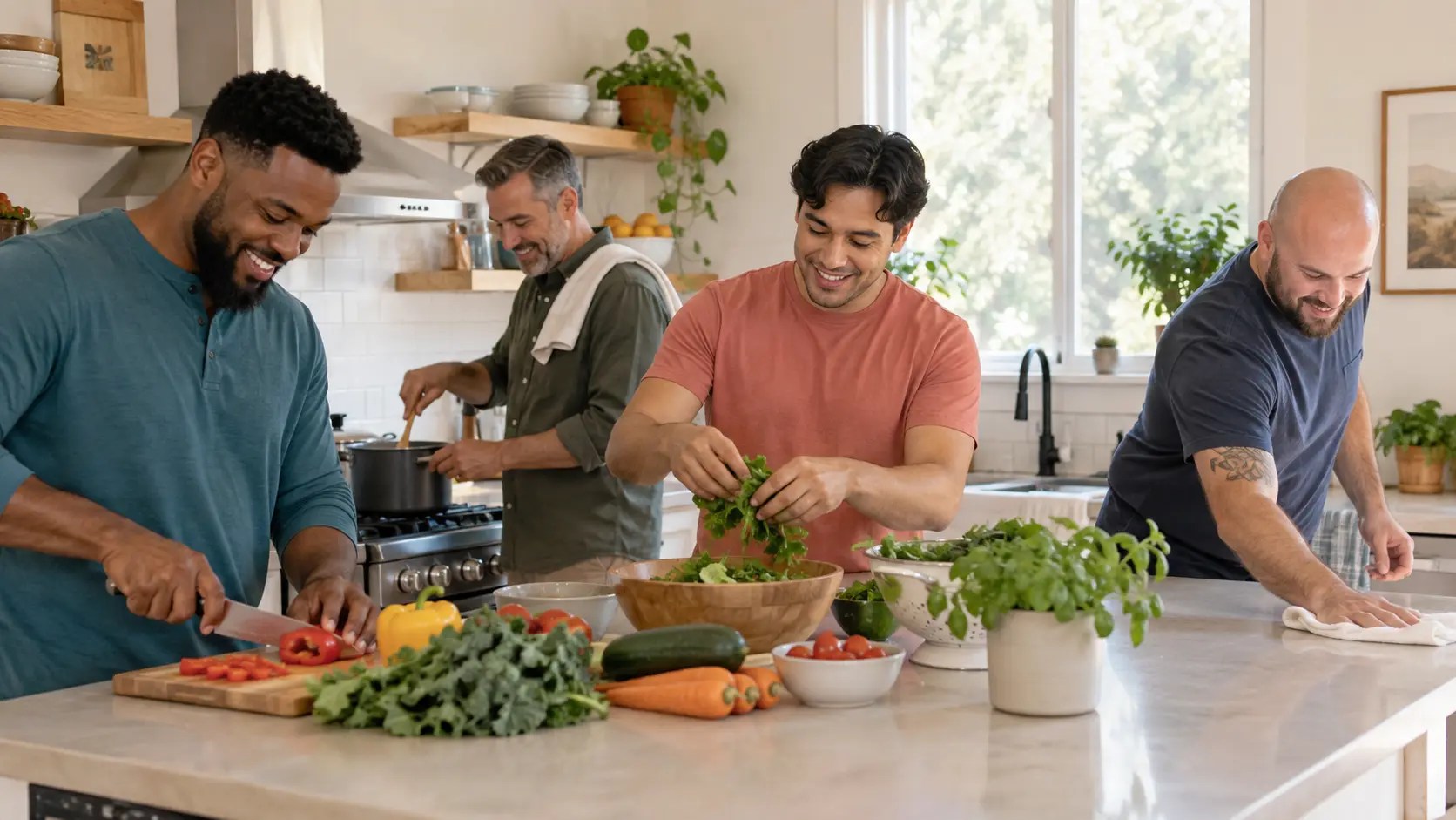 Four adult men preparing a healthy meal and tidying a shared kitchen