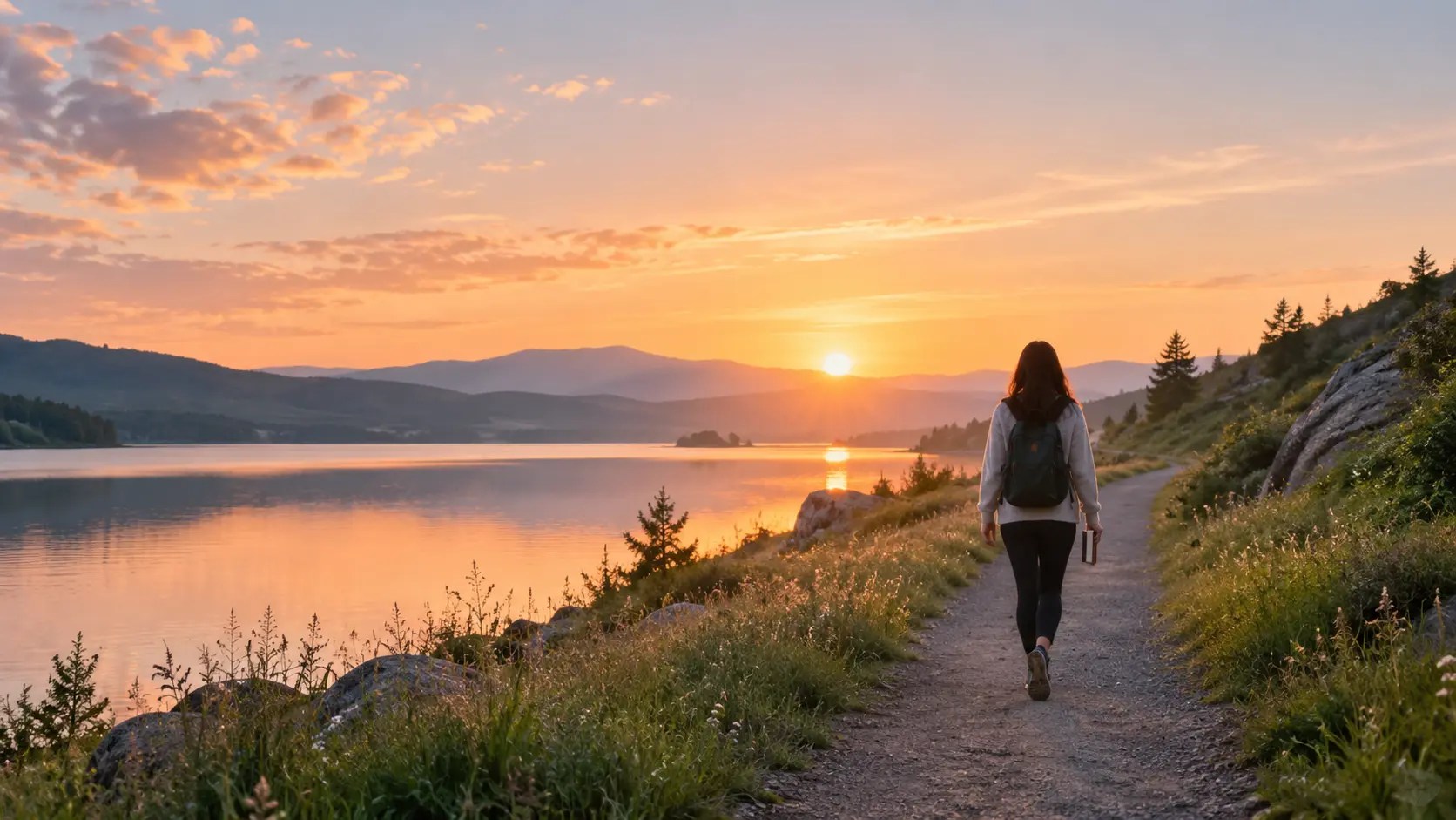 An adult walking toward sunrise on a peaceful lakeside path