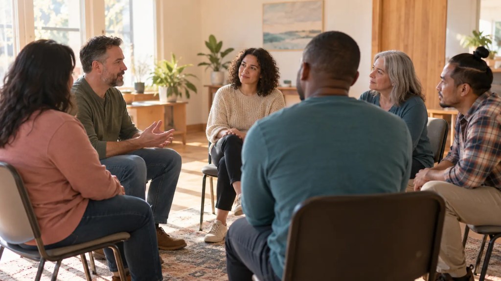 Adults seated in a circle during a respectful peer-support recovery meeting