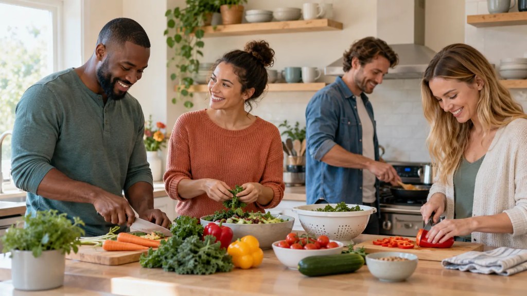 Adult housemates preparing a healthy meal together in a bright kitchen
