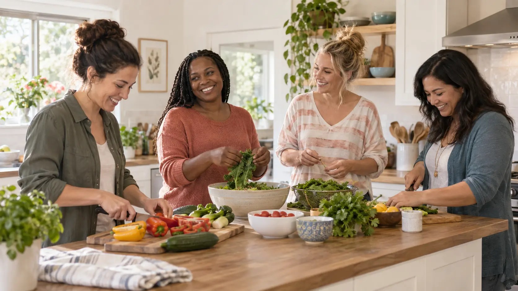 Four adult women preparing a healthy meal together in a bright shared kitchen